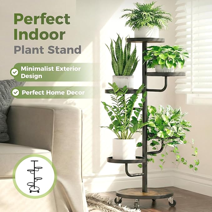 Bamworld Tall Plant Stand Indoor Outdoor Metal Plant Stands with Wheels 5 Tiered Corner Plant Holder Heavy Duty Flower Stand for Multiple Pots Planter Stand for Patio Balcony Living Room (Black)