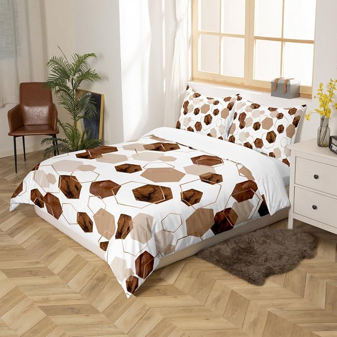 Erosebridal Brown Geometric Duvet Cover | Royal Blue Modern Abstract Kids Bedding Sets Geometric Marble Art Bed Set Queen | Watercolor Hexagon Print Bed Cover for Men Women