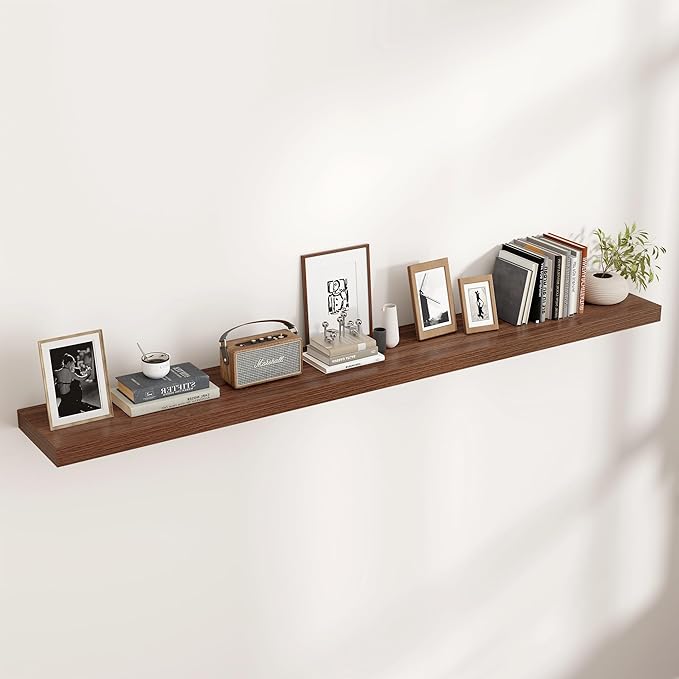 Floating Shelves for Wall, Engineered Wood Wall Shelves with Invisible Brackets for Living Room Bedroom Bathroom Office Kitchen Decor and Storage (Walnut, 72" W x 9" D x 1.5" H) Set of 1