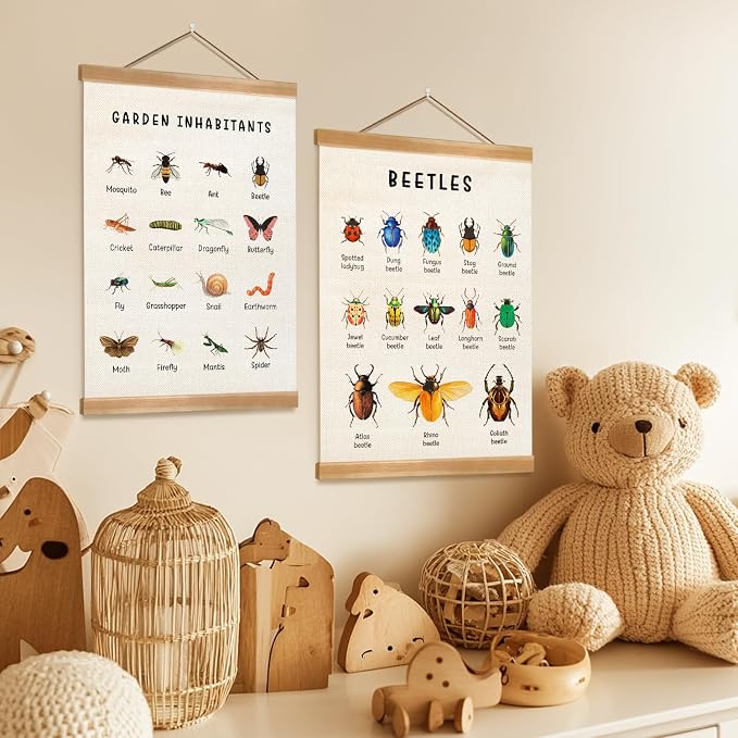ZTGDA Insect Posters Garden Inhabitants&Beetles Linen Canvas Wall Art with Wooden Frame, Montessori Nature Posters for Classroom Playroom or Homeschool Decor(Set of 2 Insect)