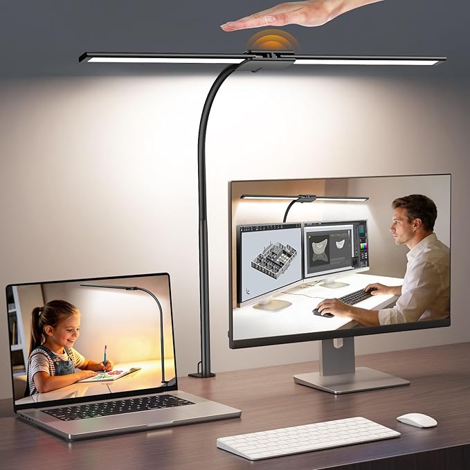 Syrinx LED Desk Lamp for Home Office, Architect Desk Lamp with Clamp, Gesture/Wired Control, Ultra Bright Gooseneck Desk Light, Memory & Timer, 50 Lighting Modes for Study, Reading, Crafting