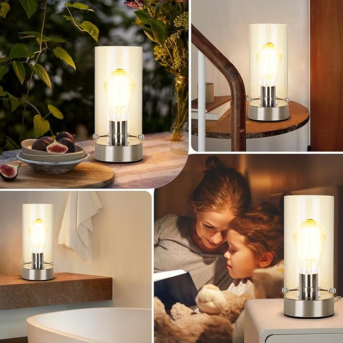 Table Lamp for Bedroom, Bedside Modern Nightstand Lamp with Glass Lamp Shape, 2700K 6W Glass Bulb Included(Chrome).