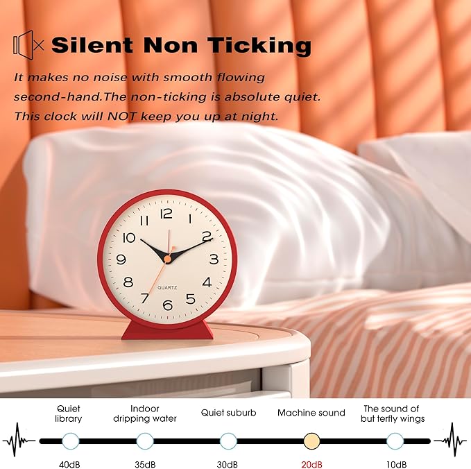 AYRELY® 4.5" Analog Alarm Clock,Small Retro Desk Clock Battery Operated,Slient Metal Table Clock with Light for Living Room Decor,Bedroom,Bedside,Shelf (red)