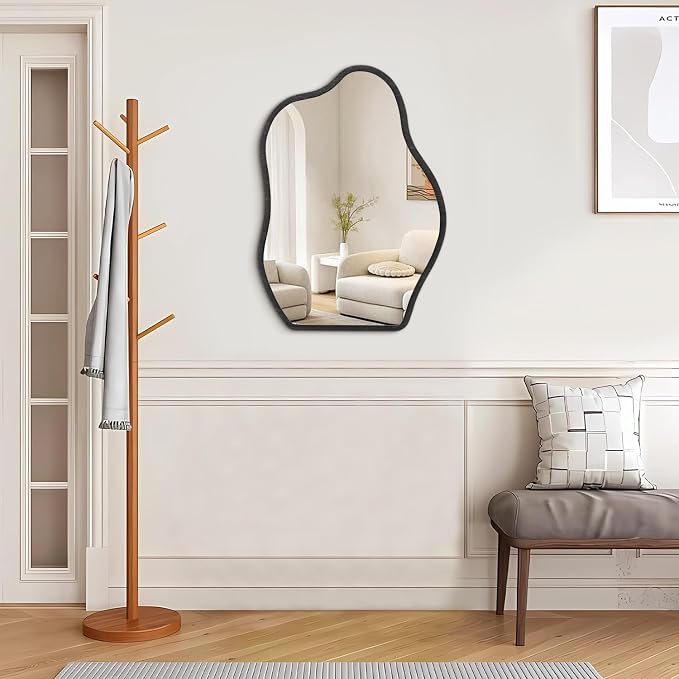 Asymmetrical Irregular Mirror for Wall Wooden Framed Hanging Wall Mirror Cloud Modern Unique Bathroom Wall Mirror Decorative Bedroom Living Room Entryway Hallway Artistic Hanging Mirror