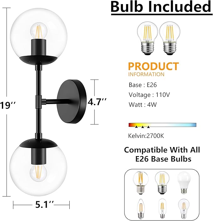 KoKo&Yukina Mid Century Modern Bathroom Vanity Light Matte Black Clear Glass Globe Vanity Light Fixtures Globe Sconce 2-Light Bathroom Lights Wall Fixtures Mid Century Wall Sconce
