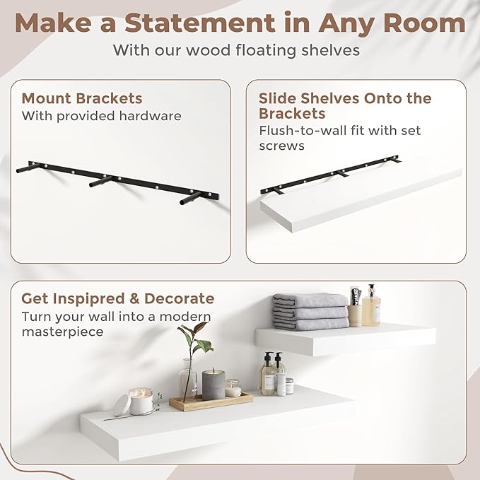 55 Inch Long Floating Shelves for Wall Set of 2, 12"D Wood Grain Bathroom Shelves with Invisible Brackets, Easy Install Engineered Wood Storage Shelves for Kitchen, Living Room, Bedroom, White Finish