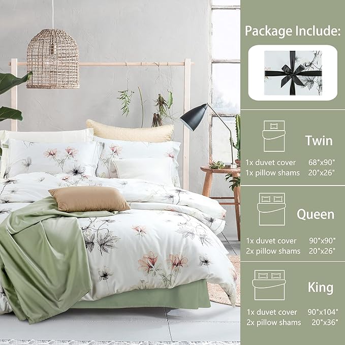 MILDLY 100% Long-Staple Cotton Duvet Cover Set White Green Floral Leaves Pattern Printed Comforter Cover 3pcs, Ultra Soft & Breathable Bedding Set