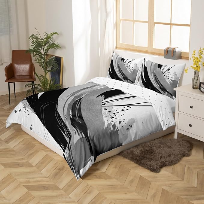 Erosebridal Black and Grey Duvet Cover Full - Geometric Decorative Abstract Bedding Modern Striped Bed Set for Boys Adults Girls Minimalists Graffiti Aesthetic Lines Bed Cover 3 Pieces