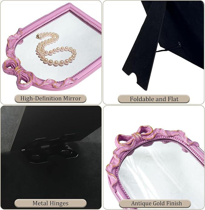 Pink Bow Mirror - 13x10 Inch Elegant Decorative Accent, Wall-Mounted & Tabletop Makeup Mirror for Bedroom Decor