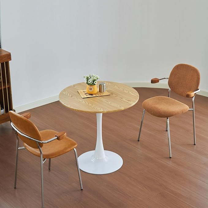 Round Dining Table, 24" Circle Tulip Table with Thickened Tabletop & Metal Pedestal, Mid Century Modern Bistro Table for Kitchen, Small Places, Living Room, Cafe (Light Brown)