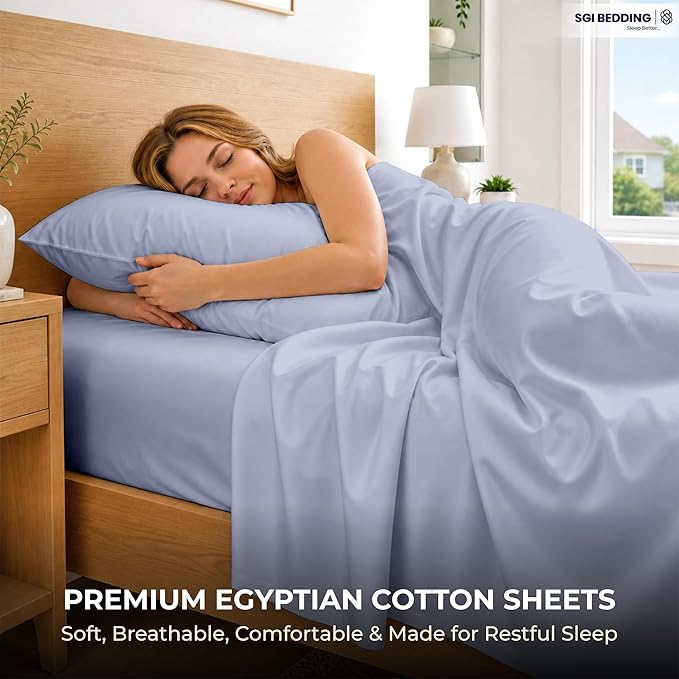 SGI bedding 100% Egyptian Cotton Sheets King Size – 600 Thread Count Sheets Set, Soft, Cooling, 15" Deep Pocket, Luxury Hotel Bedding, Breathable, Durable - Cornflower Blue
