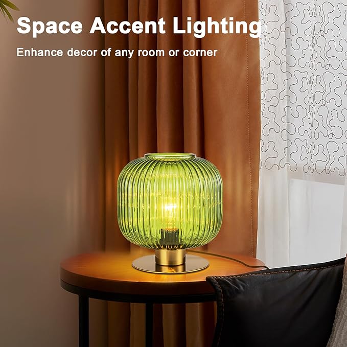 Glass Globe Table Lamp, Mid Century Modern Green Table Lamp, Vintage Gold Bedside Lamp with Ribbed Glass Shade, Cute Desk Lamp Small Decorative Lamp for Bedroom Nightstand Living Room End Table