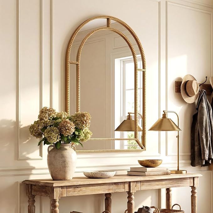 Tangkula 35" x 23" Gold Arched Wall Mirror, Decorative Mirror with Beaded Frame for Living Room, Entryway, Fireplace, Bedroom, Modern Vintage Wall Decoration (Arched)