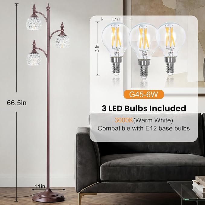 JUNNAI Brown Floor Lamps for Living Room 66.5in Vintage Standing Lamp with Glass Shade 3 Way Brightness Lights Mid Century Modern Pole Lights Corner Lamp for Bedroom Office(Bulbs Included)