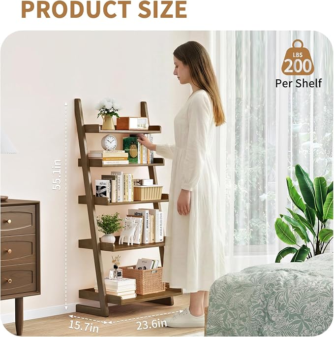 Uniclinens Walnut Wooden Ladder Shelf, 5-Tier Leaning Bookshelf, Ladder Bookshelf for Compact Spaces, Leaning Bookcase for Living Room, Bedroom, Home Office