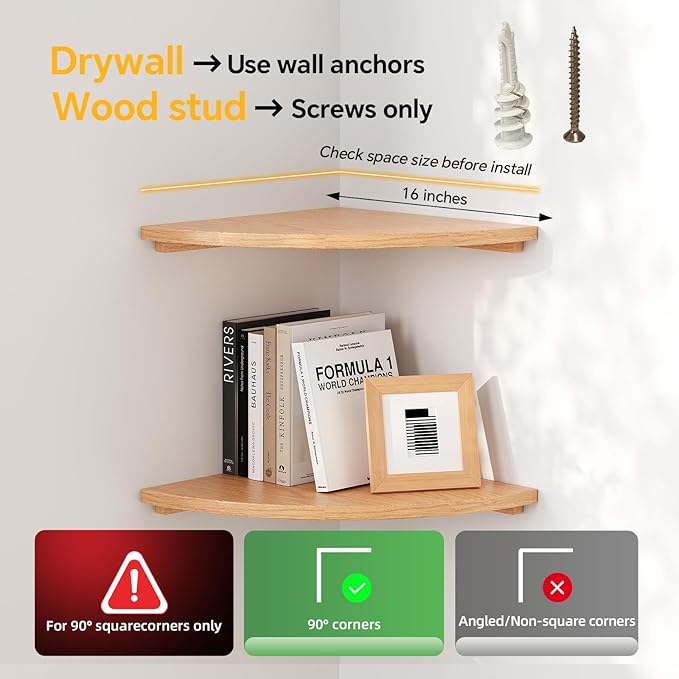 Floating Corner Shelves Oak 16", Solid Oak Wall Mounted Wooden Display Storage Rack with Wire Hole for Plants, Photos, Speakers, Bedroom, Kitchen, Living Room Décor - 2-Pack