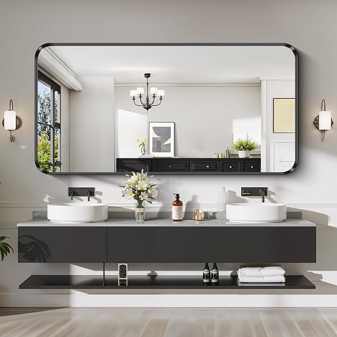 CIRCUMI Black Bathroom Mirror, 36"x72" Rectangular Mirror with Deep Metal Frame, Rounded Corner, Tempered Glass, Large Mirror for Wall, Over 2 Sinks, Installed Vertically/Horizontally, Crystal-Clear