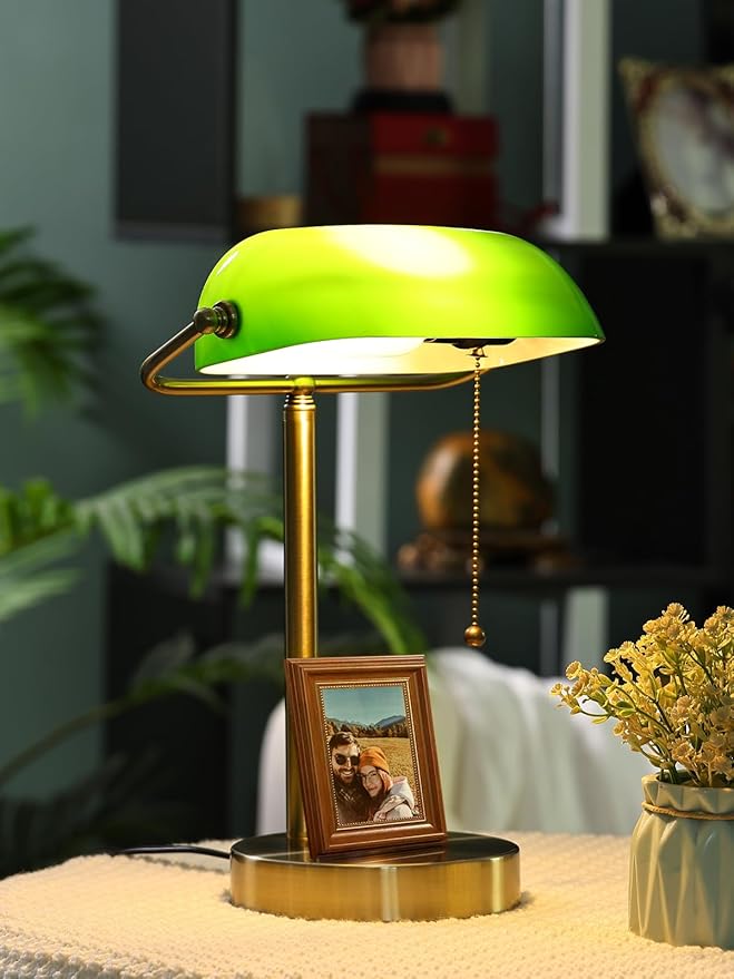Traditional Green Glass Bankers Desk Lamp with Pull Chain Switch Plug in Fixture,LED Bulb Included
