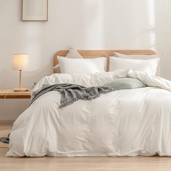 BESTOUCH Duvet Cover Set 100% Washed Cotton Linen Feel Super Soft Comfortable Chic Lightweight 3 PCs Home Bedding Set Solid Off White Queen