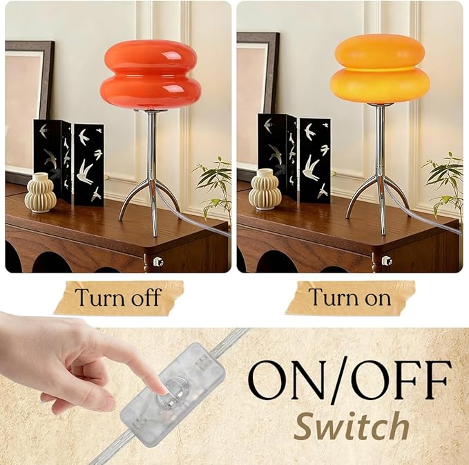 Orange Mushroom Table Lamp Chrome Tripod Base Bedside Lamp Mid Century Modern Lamp Bauhaus MCM Glass Nightstand Lamp for Bedroom Bathroom Livingroom