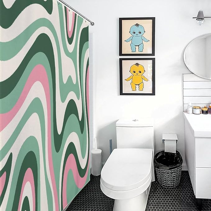 70s Swirl Shower Curtain for Bathroom, Retro Hippie Groovy Green Abstract Wave Funky Trippy Vintage Boho Aesthetic Waterproof Fabric Shower Curtain Set with Hooks, 72"x78"