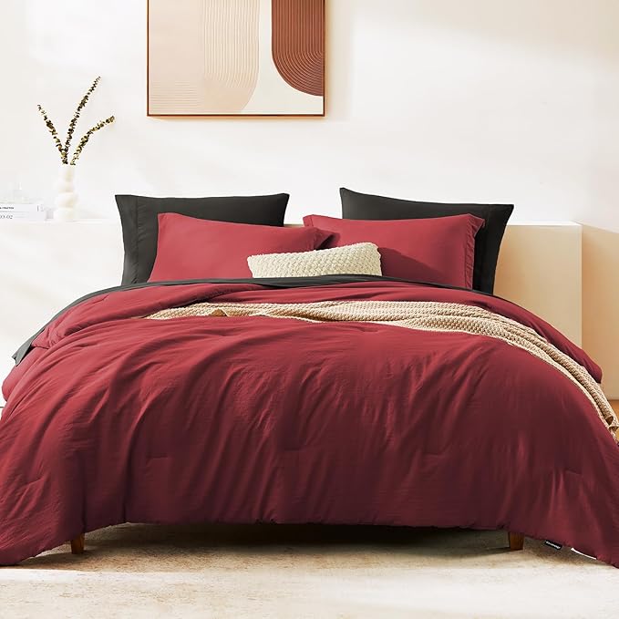 WRENSONGE Full Size Comforter Sets, 7 Pieces Bright Red Bed in a Bag with Fitted Sheet, Flat Sheet, 2 Pillow Shams, 2 Pillowcases, Warm Bedding Sets for All Season