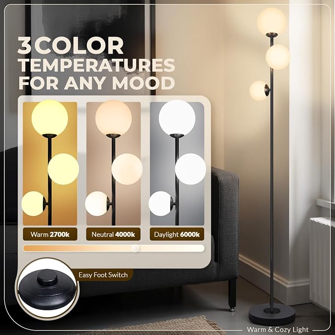 3 Globe Floor Lamp - Mid Century Modern Standing Light with 3 Color Temperatures, LED Bulbs, Frosted Glass Shades for Living Room (Black)