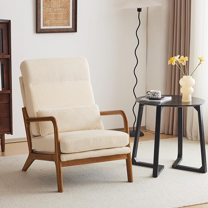 Karl home Mid-Century Modern Accent Chair, Living Room Chairs with Pillow High Back Corduroy Upholstered Lounge Armchair with Solid Wood Frame & Soft Cushion for Bedroom, Reading Room, Beige