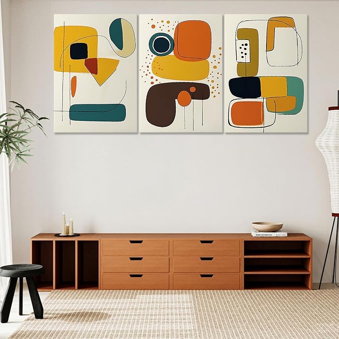 Hotuijxca Color Block Abstract Canvas Wall Art, Color Geometric Abstract Canvas Wall Art, Mid-Century Modern Colorful Block Wall Painting for Living Room, Bedroom, Office (16" x 24" x 3 pcs)