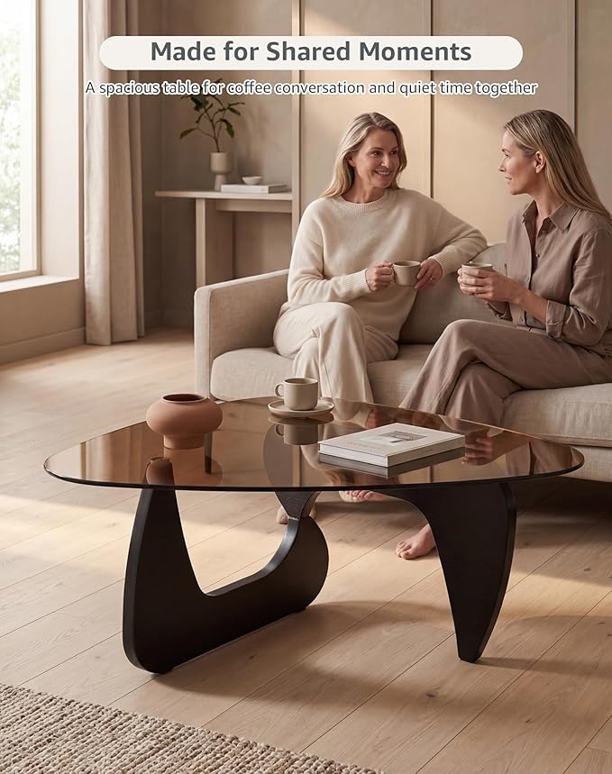 Black Glass Coffee Table for Living Room, 35.82" Small Triangle Coffee Table with Smoked Glass Top and MDF Wood Base, Mid Century Modern Center Table for Apartment, Sofa, Small Space