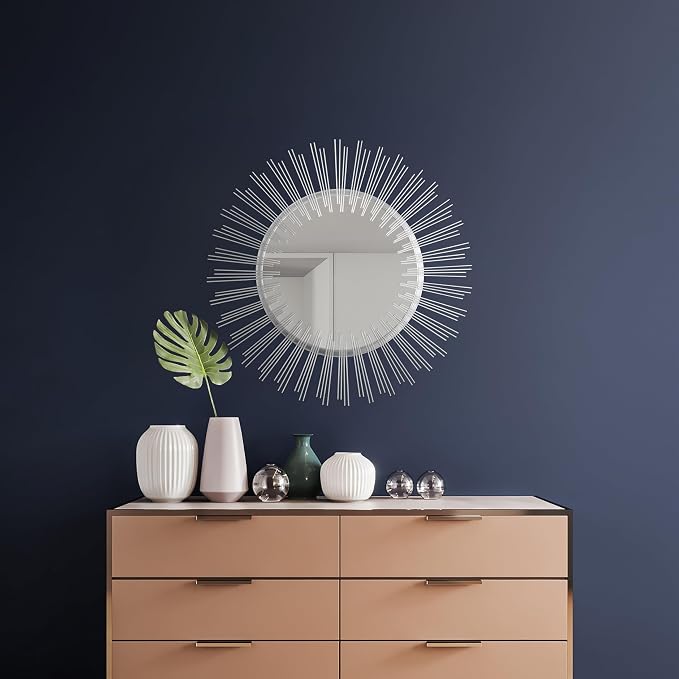 Edvivi Round 31" Silver Sunburst Hanging Wall Mirror with Metal Frame, Decorative Mirror for the Living Room, Bedroom, Bathroom, Hallway, and Entryway
