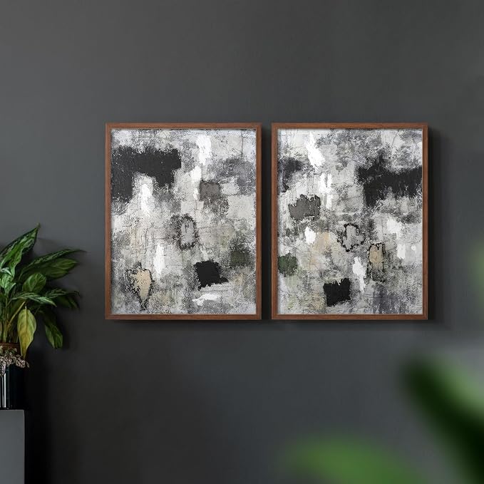 Renditions Gallery Set of 2 Peel & Stick Framed Prints, Abstract Wall Art, Hand Painted Black and White Pattern Wall Decor, Re-Stickable - Ready to Hang - 16"x20" - Walnut Frame LT588