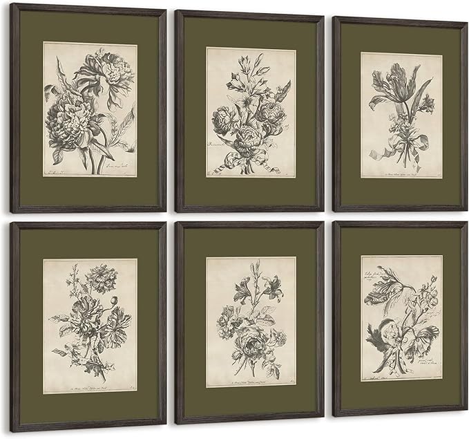 Vintage Floral Wall Art Sketch Flower Prints Antique Botanical Canvas Wall Art Decor Vintage Etchings Floral Poster Green Botanical Painting Sage Green Artwork for Bedroom 12x16x6 Inch Wood Framed