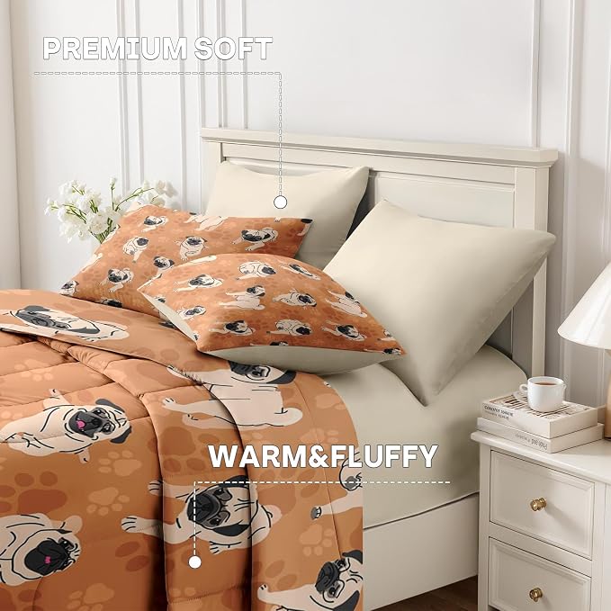 7Pcs Comforter Set Full Size, Cute Brown Pug Dog Lover, Bedding Decor Happy Puppy Animal Paws Gift Bedroom Bed Set with Flat Sheet Fitted Sheet Pillowcases Shams for Kids and Adults