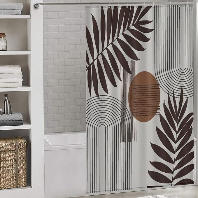 Mid Century Abstract Boho Shower Curtain Geometric Neutral Beige Modern Leaf Plant Semicircle Art Waterproof Shower Curtains for Bathroom Decor 12 Pack Hooks 55x72in（140x183cm）