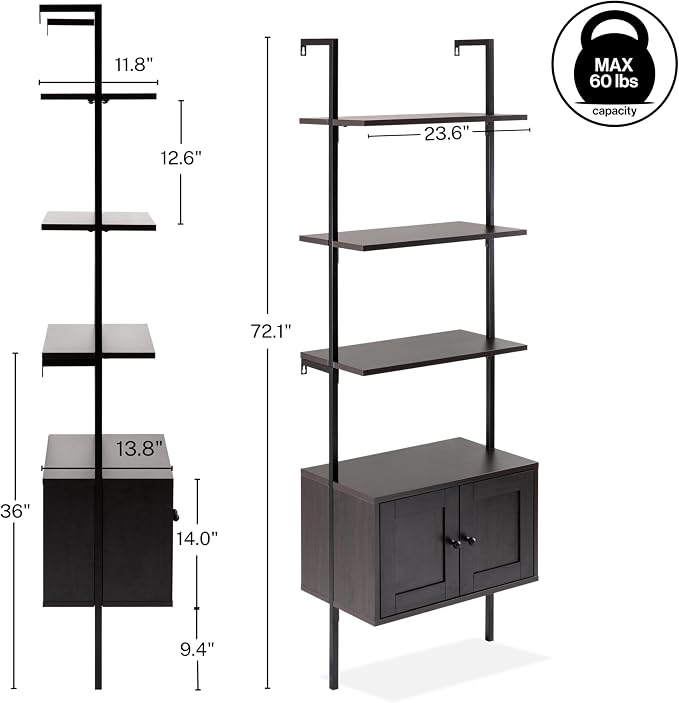 happimess MSH1002A Tulare 72.05" MidCentury Industrial 4-Shelf Wood Wall-Mounted Open Ladder Bookcase with Cabinet and Metal Frame, Black