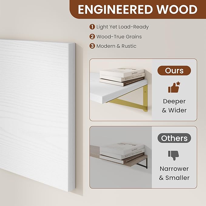 Deep Wall Shelves 48"W x 12"D Engineered Wood Floating Shelves for Wall, Sturdy Metal Bracket(Gold) Bookshelves Home Decor Storage for Living Room Bedroom Bathroom Kitchen, Set of 2, White Finish