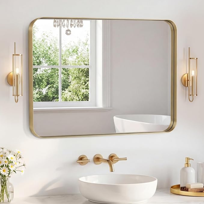 NEWBULIG 32X40 Inch Bathroom Mirror for Over Sink, Wall Vanity Mirrors Tempered Glass, Anti-Rust Metal Framed Rounded Rectangle, Hangs Horizontally or Vertically, Farmhouse Home Decor, Gold