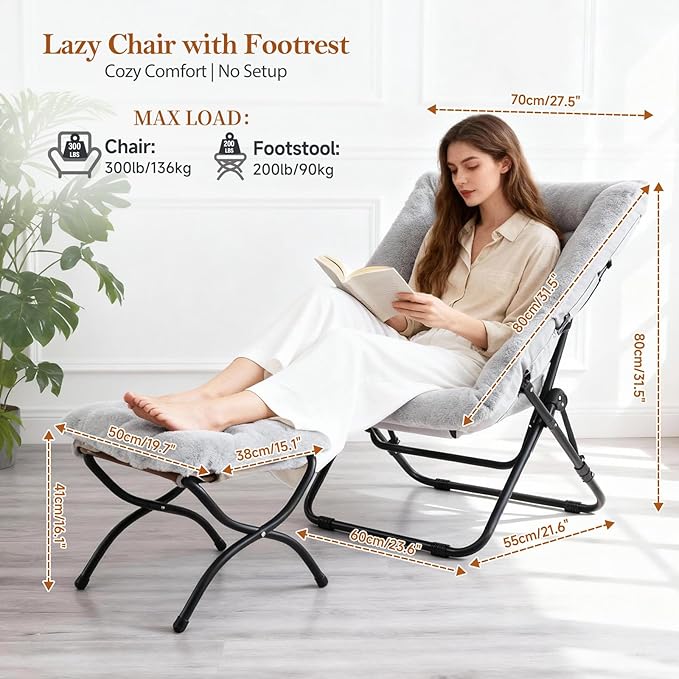 Furlide Saucer Chair with Ottoman, Oversized Foldable Faux Fur Chair, X-Large Soft Dorm Chair, Patio, Study, Playroom (Grey)