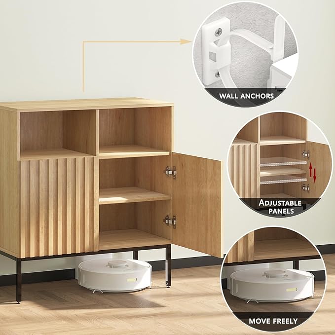 Oxford Fluted Storage Cabinet, Sideboard Buffet Credenza with Doors, Accent Console for Living Dining Room, Entryway, Natural Oak (Raised Panel, Two doors-1pc)