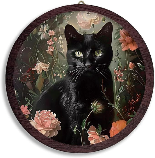 TFKFJLF Moody Black Cat Framed Wall Art Decor, Floral Gothic Wooden Wall Art Prints Artwork, Vintage Decoration, Cottagecore Hanging Room Door Decor for Cat Lovers Bedroom Living Room, 10x10 Inch