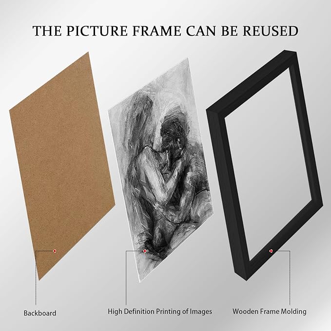 3Pcs Framed Black and White Canvas Wall Art Abstract Nude Prints Couple Modern Gallery Style Painting Pen sketch Posters Decorations Bedroom Living Room Bathroom 16x24 Inch Ready to Hang