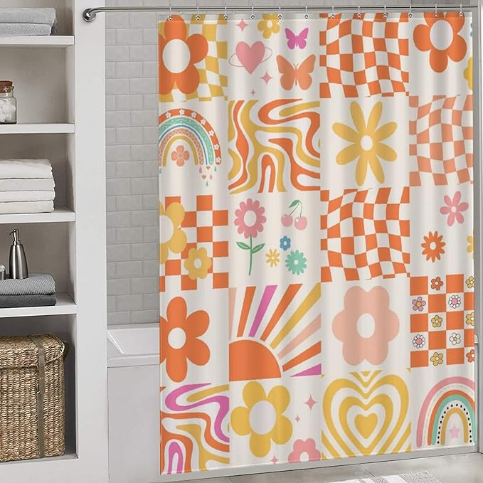 70s Shower Curtain, Vintage Retro Orange Daisy Floral Hippie Groovy Cute Rainbow Swirl Checkered Aesthetic Boho Funky Trippy Waterproof Fabric Bath Shower Curtain Set with Hooks, 72"x78" Inch