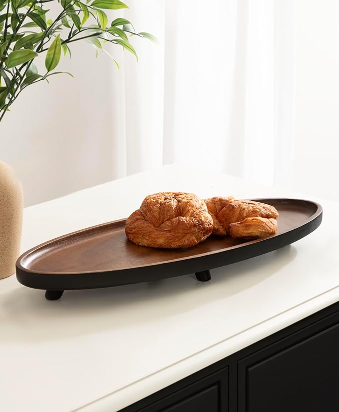Kate and Laurel Tomaz Modern Decorative Mango Wood Oval Footed Tray, 23 x 7, Walnut Brown and Black, Transitional Food-Safe Wooden Coffee Table Tray with Elevated Design and Unique Oval Shape