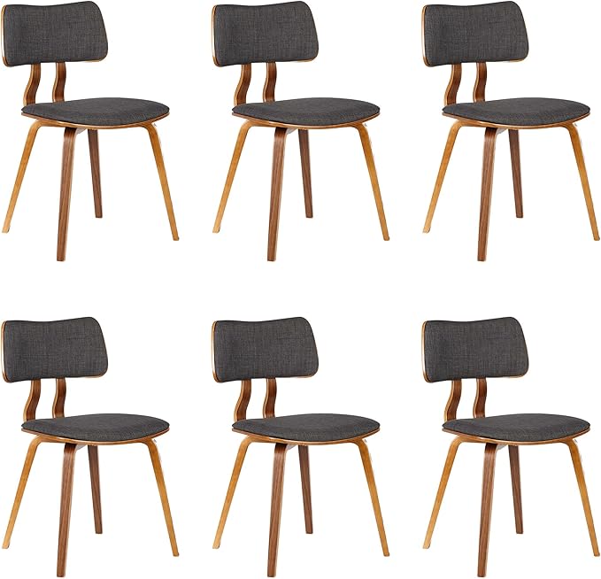 Armen Living Jaguar Mid-Century Dining Chair in Walnut Wood and Charcoal Fabric - Set of 6