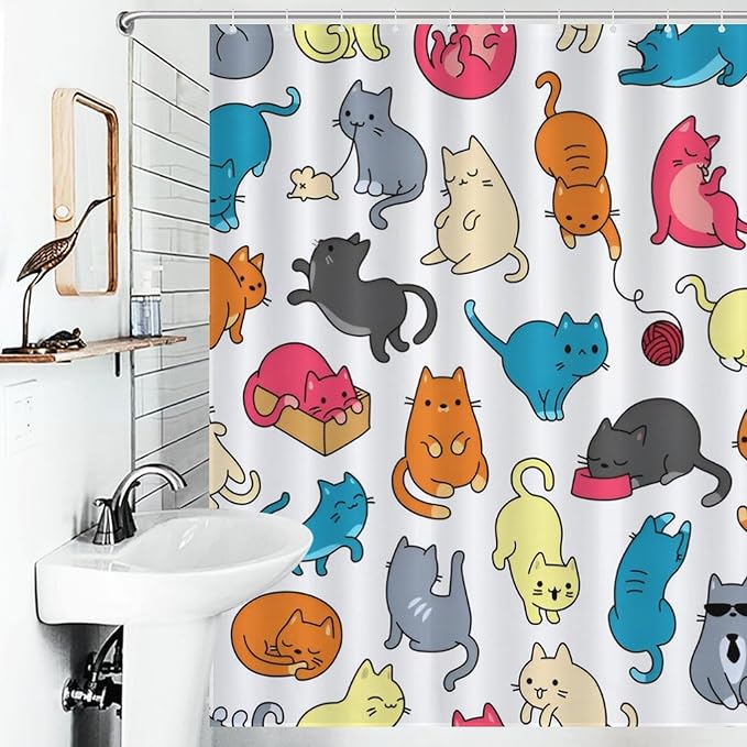 Cartoon Cat Shower Curtain Colorful Watercolor Cats Pattern Duty Fabric Shower Curtains Set Bathroom Polyester Waterproof with 12 Hooks, 66x72Inch（168x183cm）