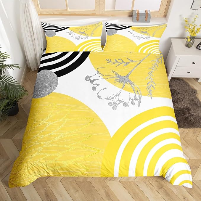 Erosebridal Boho Mid Century Twin Comforter Cover for Women Men Adults |Yellow and White Modern Duvet Cover Minimalist Geometric Bed Set Aesthetic Modern Abstract Bedding Set