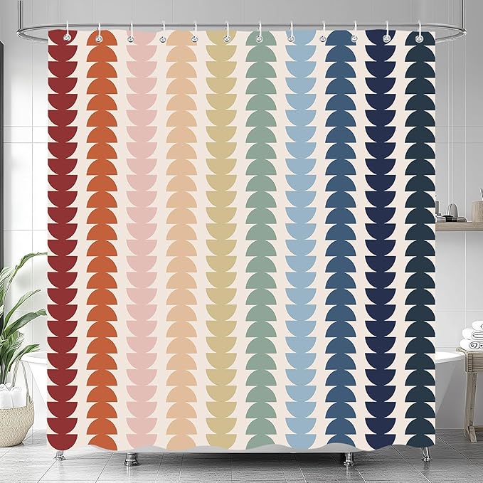 Modern Geometric Shower Curtain, Vintage Rainbow Mid-Century Abstract Art Design Bath Curtains for Bathroom, Colorful Semicircular Pattern Waterproof Polyester Fabric Bathroom Set 12 Hooks 72X72IN