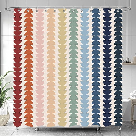 Modern Geometric Shower Curtain, Vintage Rainbow Mid-Century Abstract Art Design Bath Curtains for Bathroom, Colorful Semicircular Pattern Waterproof Polyester Fabric Bathroom Set 12 Hooks 72X72IN