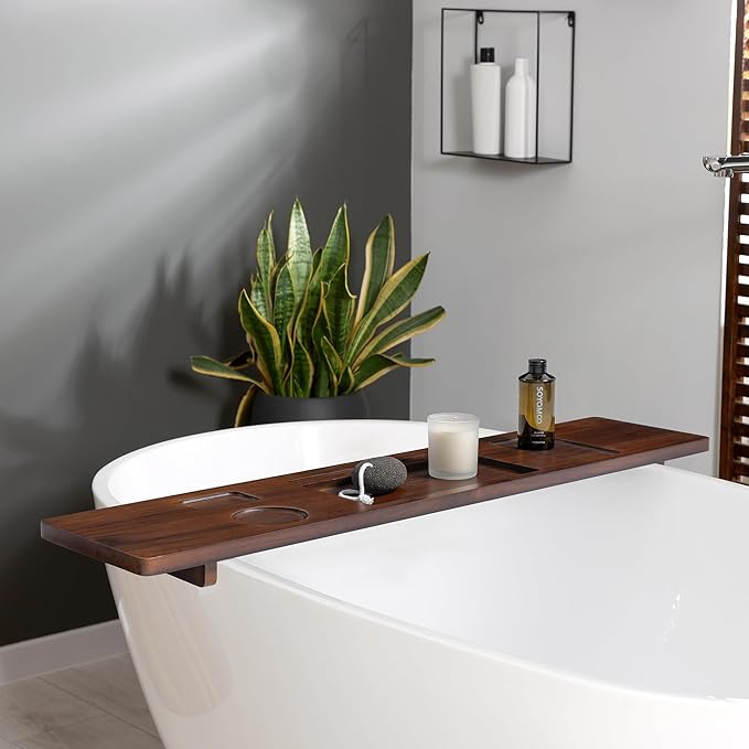 Teak Wood Bathtub Tray Caddy, 39 Inch Adjustable Bath Tub Tray for Freestanding Tubs, with Non-Slip Phone & Wine Glass Holder, Book Stand for Relaxing Bath
